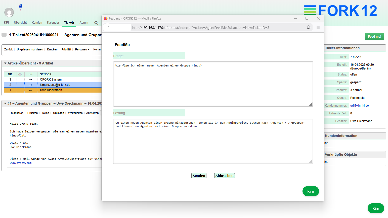 FeedMe Modul in OFORK zur Aufbereitung von Ticketwissen