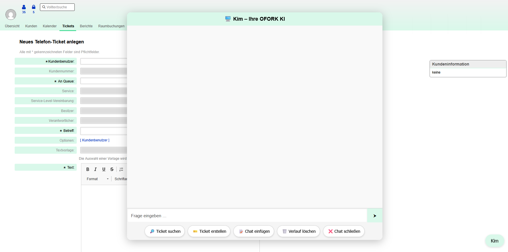 Kim-KI Chatfenster im OFORK Ticketsystem